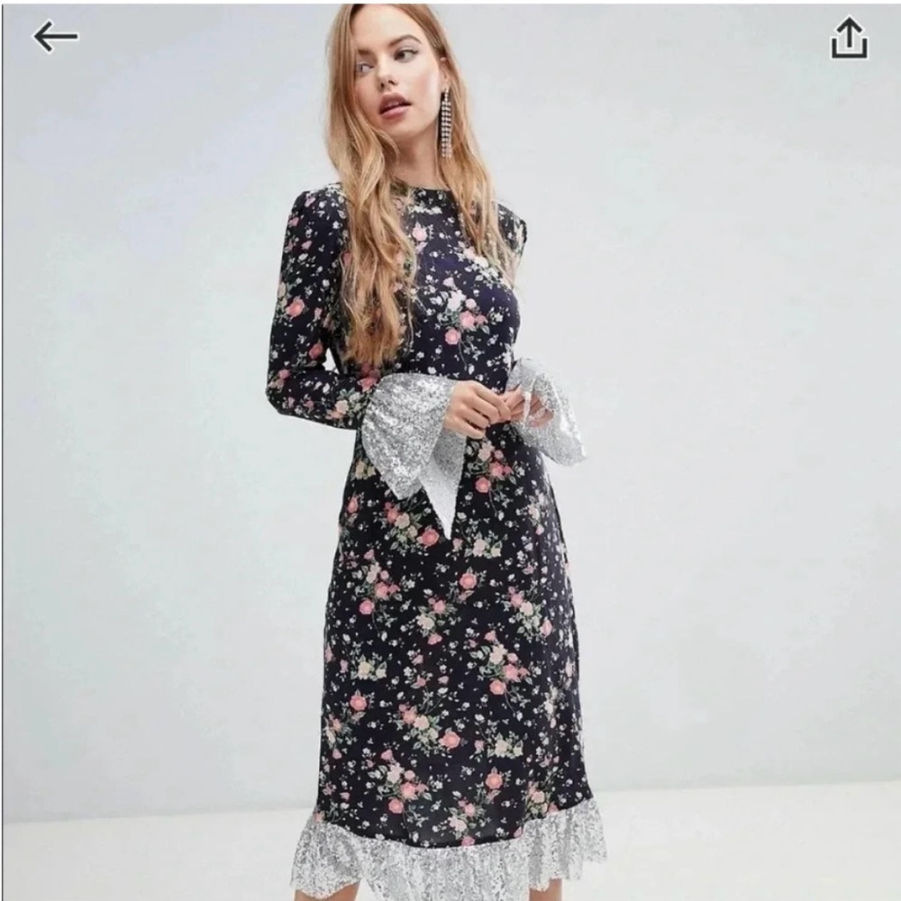 NWT ASOS Tall - Navy Long Sleeve Floral Dress with Sequin Bell Sleeves